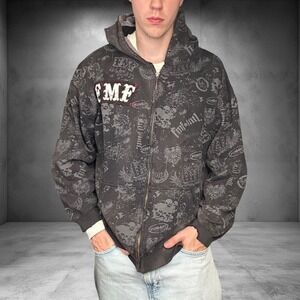 Vintage FMF Racing All Over Print Zip Up Hoodie XL Y2K Skater Grunge Distressed